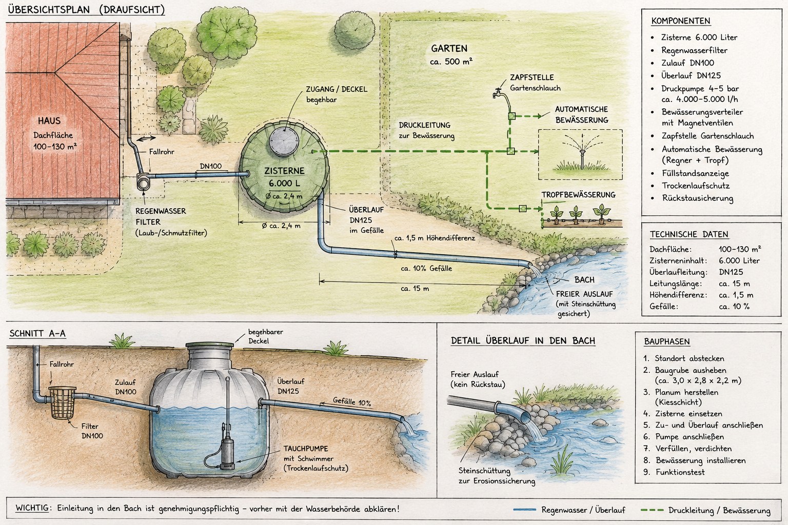 Planungszeichnung einer Regenwasseranlage in vier Teilen: Draufsicht auf Haus, Garten und Zisterne mit Zulauf, Überlauf zum Bach und Bewässerungsleitungen; Längsschnitt durch den Erdtank mit Filter, Tauchpumpe und Deckel; Detail des freien Auslaufs in den Bach mit Steinschüttung; dazu Listen mit Bauteilen, technischen Daten und Bauphasen.